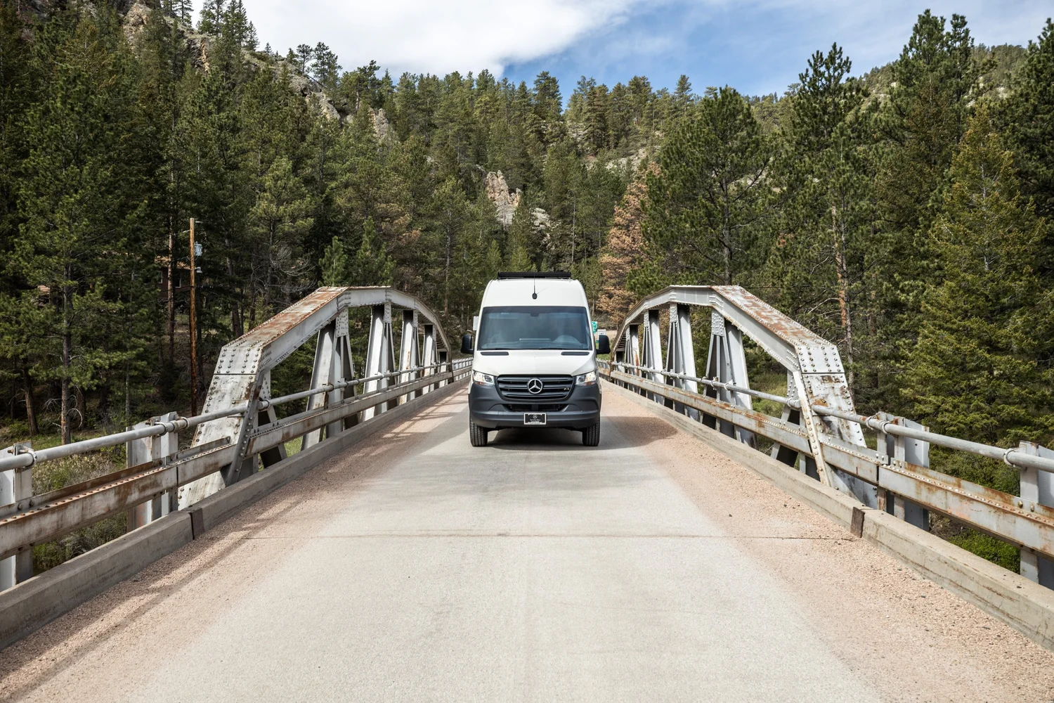 Nokhu van crossing a wooden bridge surrounded by pine forest