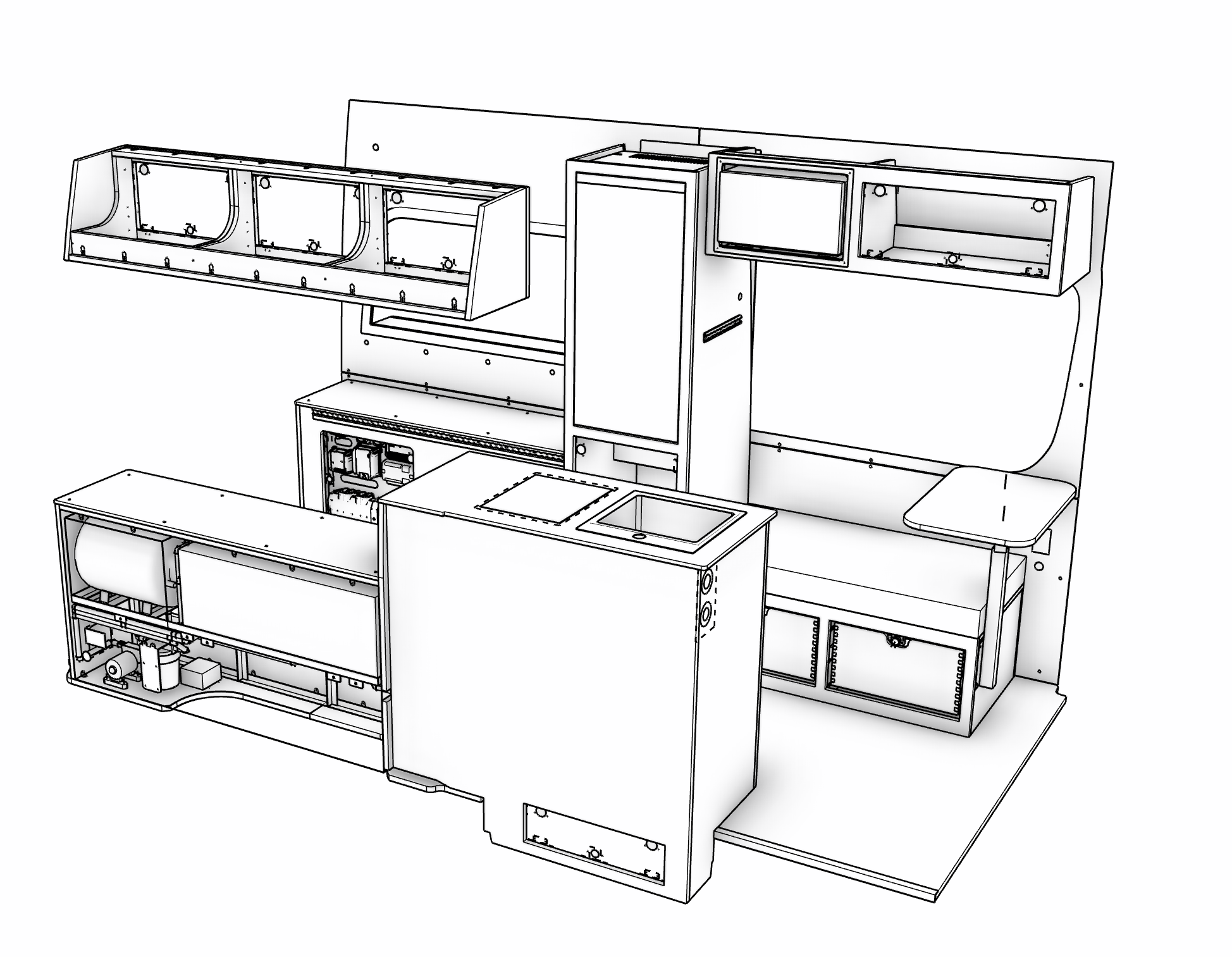 Nokhu 3D design showing cabinetry, kitchen, seating, water tank, and integrated systems