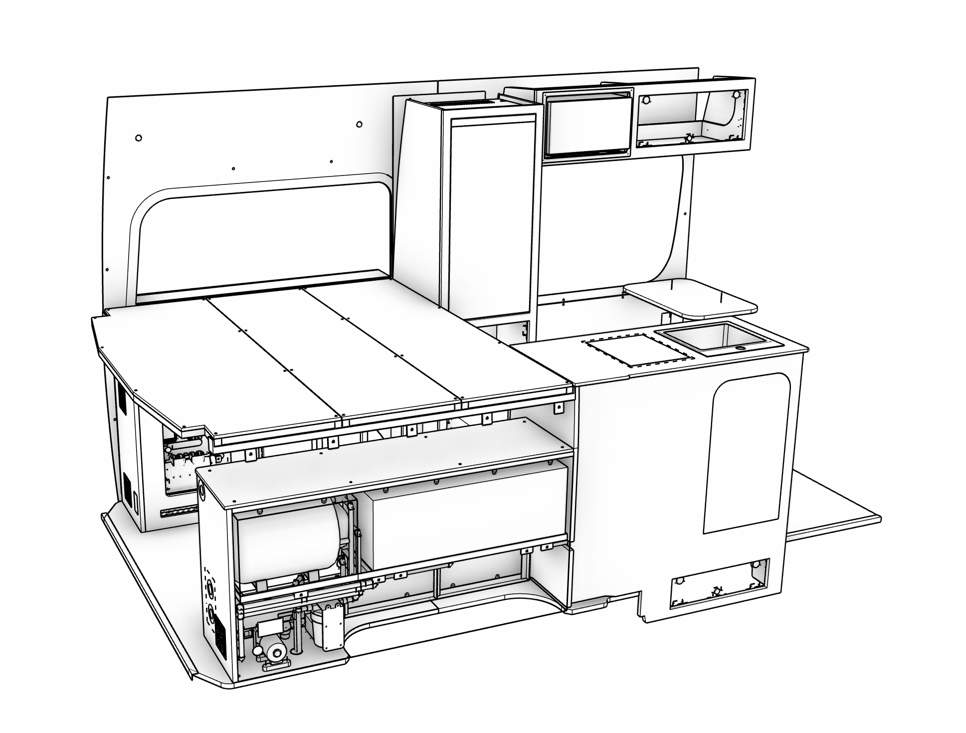 Nokhu 3D model with bed platform, garage storage, kitchen cabinet, water tank, and equipment